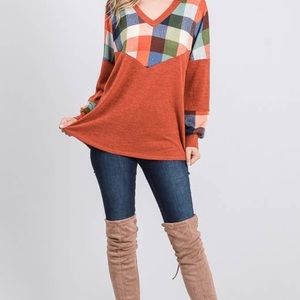 Heimish Rust V Neck Multi Plaid Puff Sleeve Top